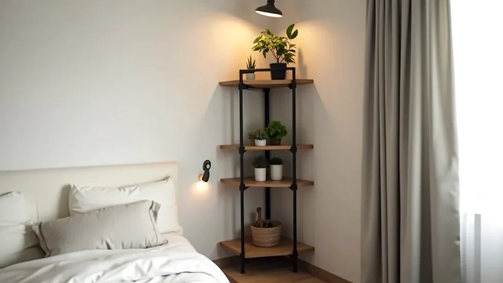 Modular black steel corner shelving unit in apartment corner