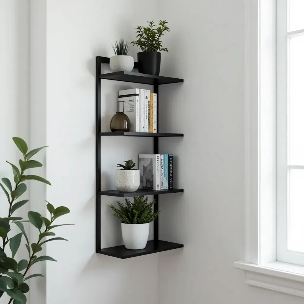 Corner shelving unit installed in minimalist apartment corner with books, decorative plants, and ceramic items displayed on shelves