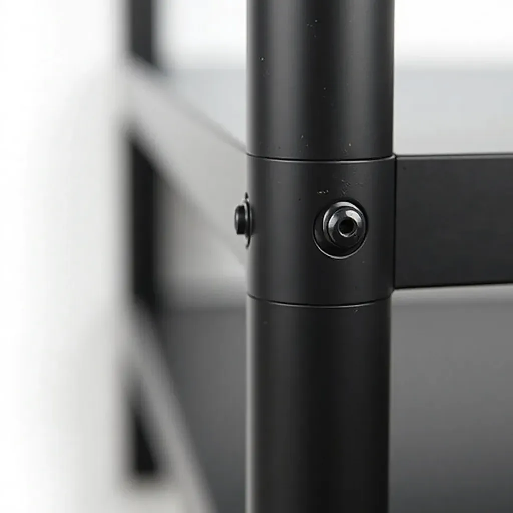 Close-up detail of black steel corner shelving unit showing welded frame joints and adjustable shelf brackets