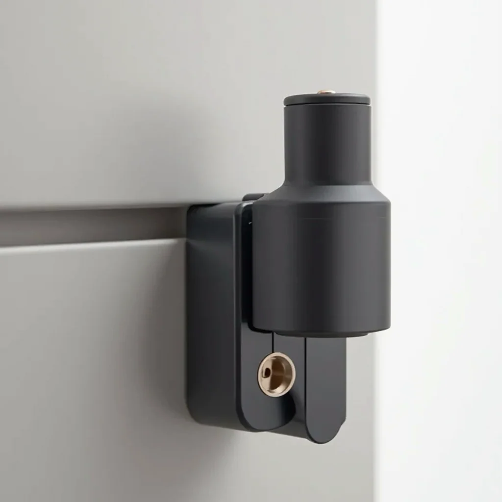 Detail shot of matte black metal hinge mechanism on wall-mounted desk showing pneumatic cylinder and bracket