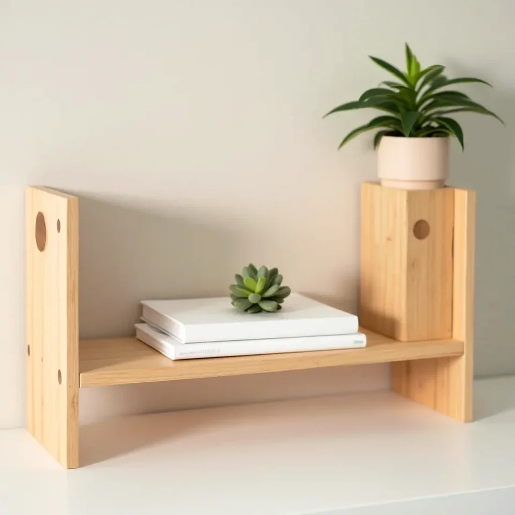 Close-up view of wall-mounted birch desk shelf with notebooks and small decorative plant, natural wood grain visible