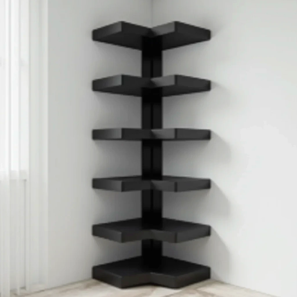 Five-tier black steel corner shelving unit fully assembled, positioned in corner against light neutral grey walls, front-right angle view