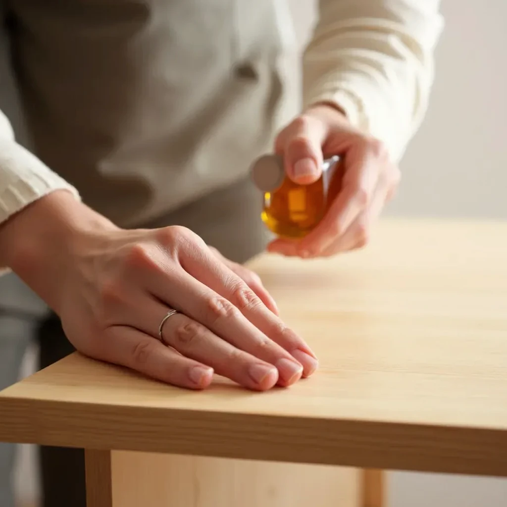 Hand applying natural oil finish to walnut wood surface, showing care and maintenance process