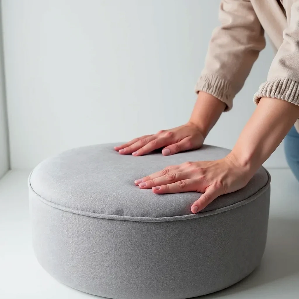 Hands demonstrating proper cleaning of grey linen ottoman surface with soft cloth, showing care technique for maintaining upholstery