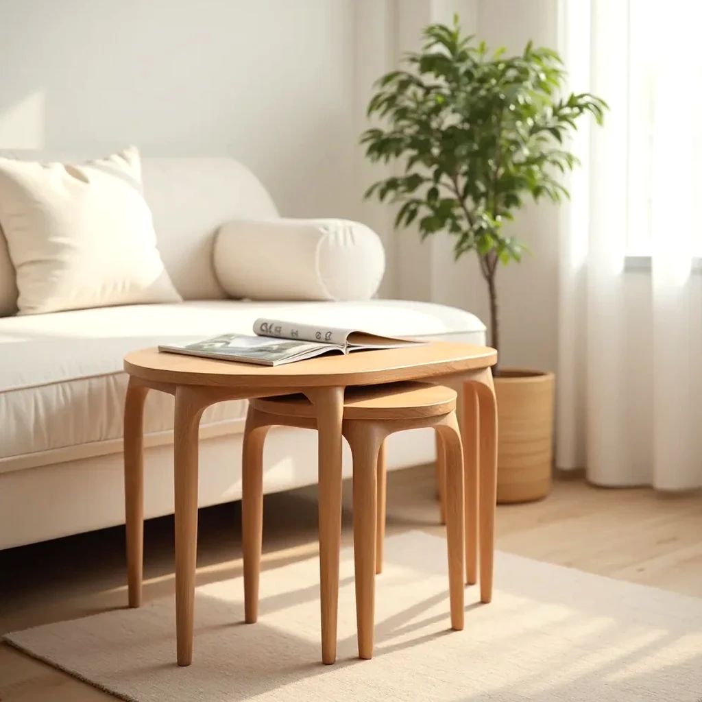 Nesting tables styled in a modern living room setting with plants and décor, showing practical use