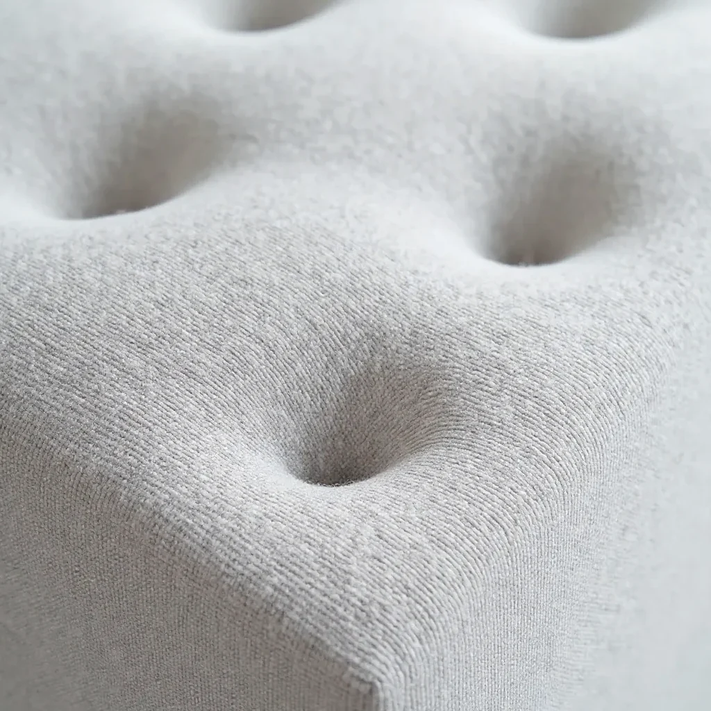 Close-up detail of grey linen fabric texture on ottoman, showing stain-resistant treatment and upholstery quality, natural lighting