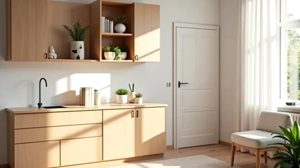 Modern apartment interior with compact furniture, natural lighting, organized shelving, bright minimalist space