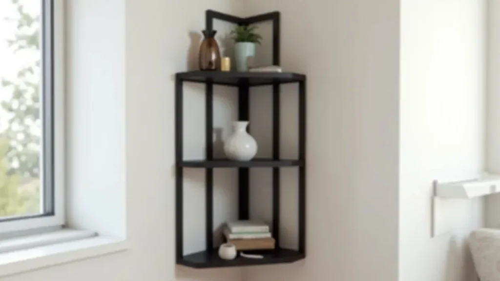 Corner shelving unit with black steel frame, modular design for compact storage in small apartments