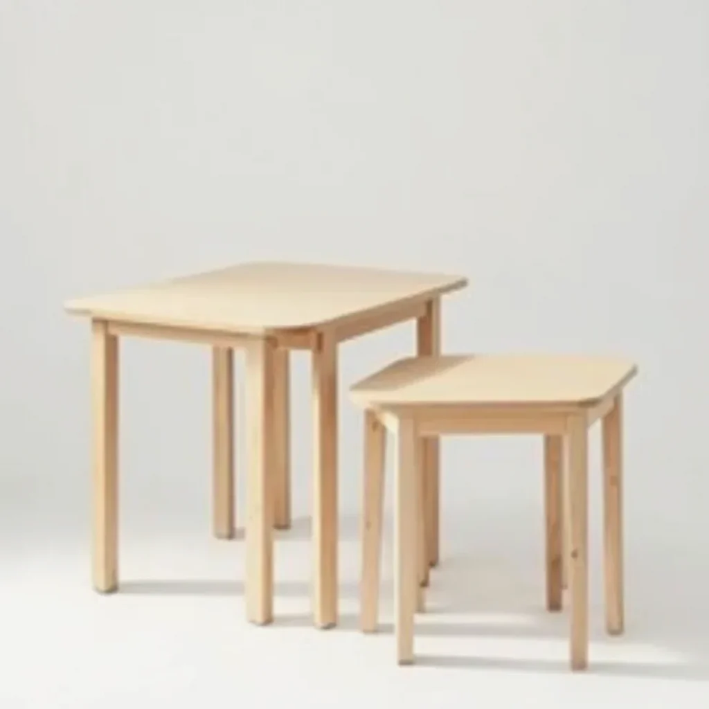 Wooden nesting tables displayed separately showing both sizes and proportions, side view, natural daylight