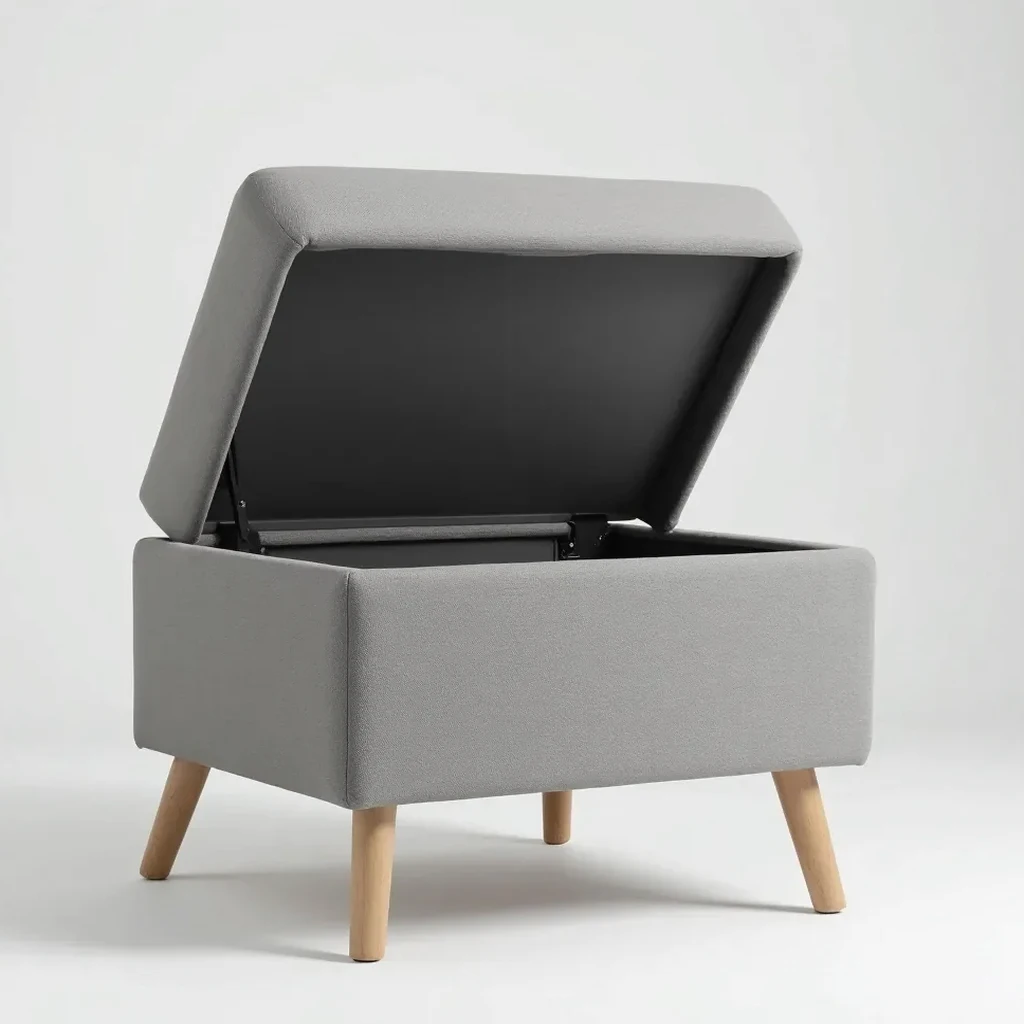Storage ottoman shown with lid partially open, revealing the interior compartment and storage space, grey linen exterior clearly visible