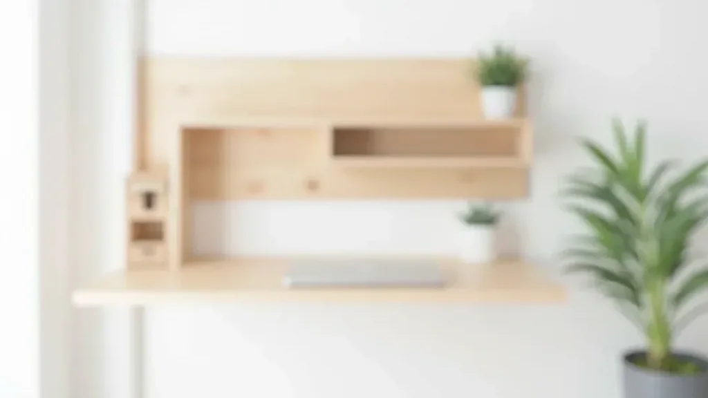 Wall-mounted desk in birch wood with built-in storage shelves above, space-saving workspace solution