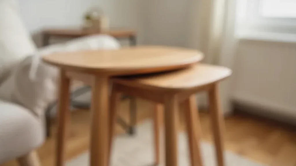 Nesting Tables in walnut oak positioned in a small living room