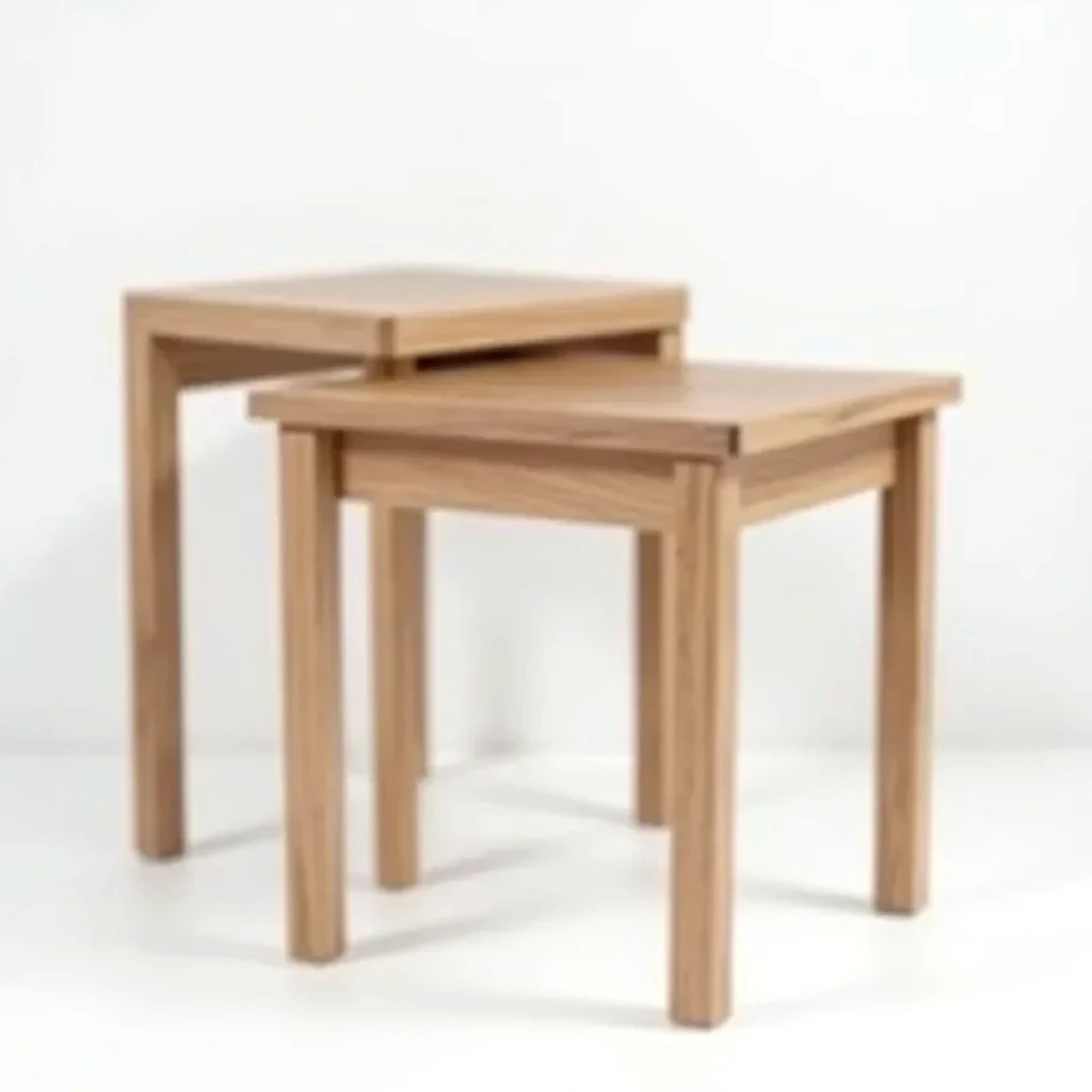 Two wooden nesting tables in warm walnut oak finish, larger table in front showing interlocking design, studio lighting