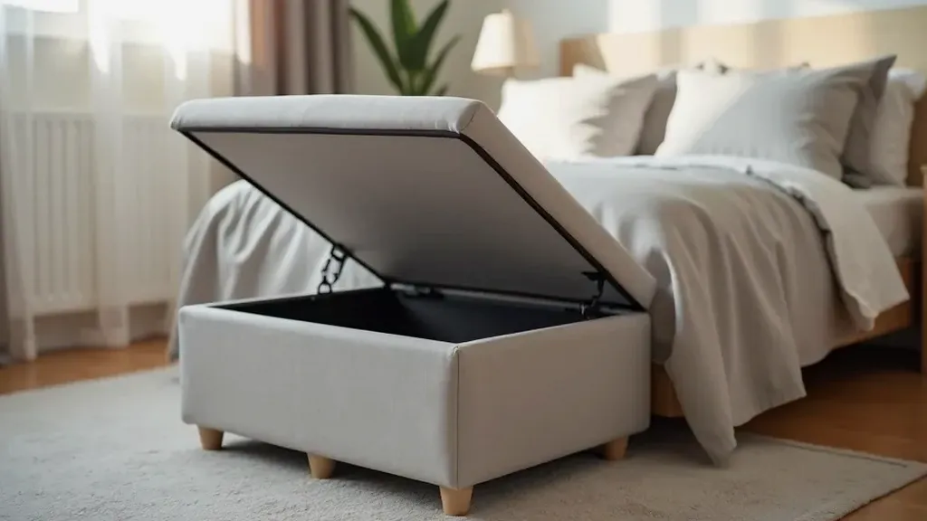 Grey linen storage ottoman at foot of bed in small bedroom