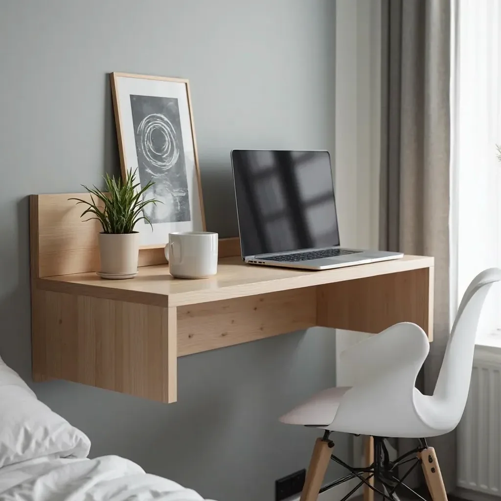 Modern apartment bedroom with wall-mounted birch desk opened against grey wall, showing work surface with laptop and coffee cup