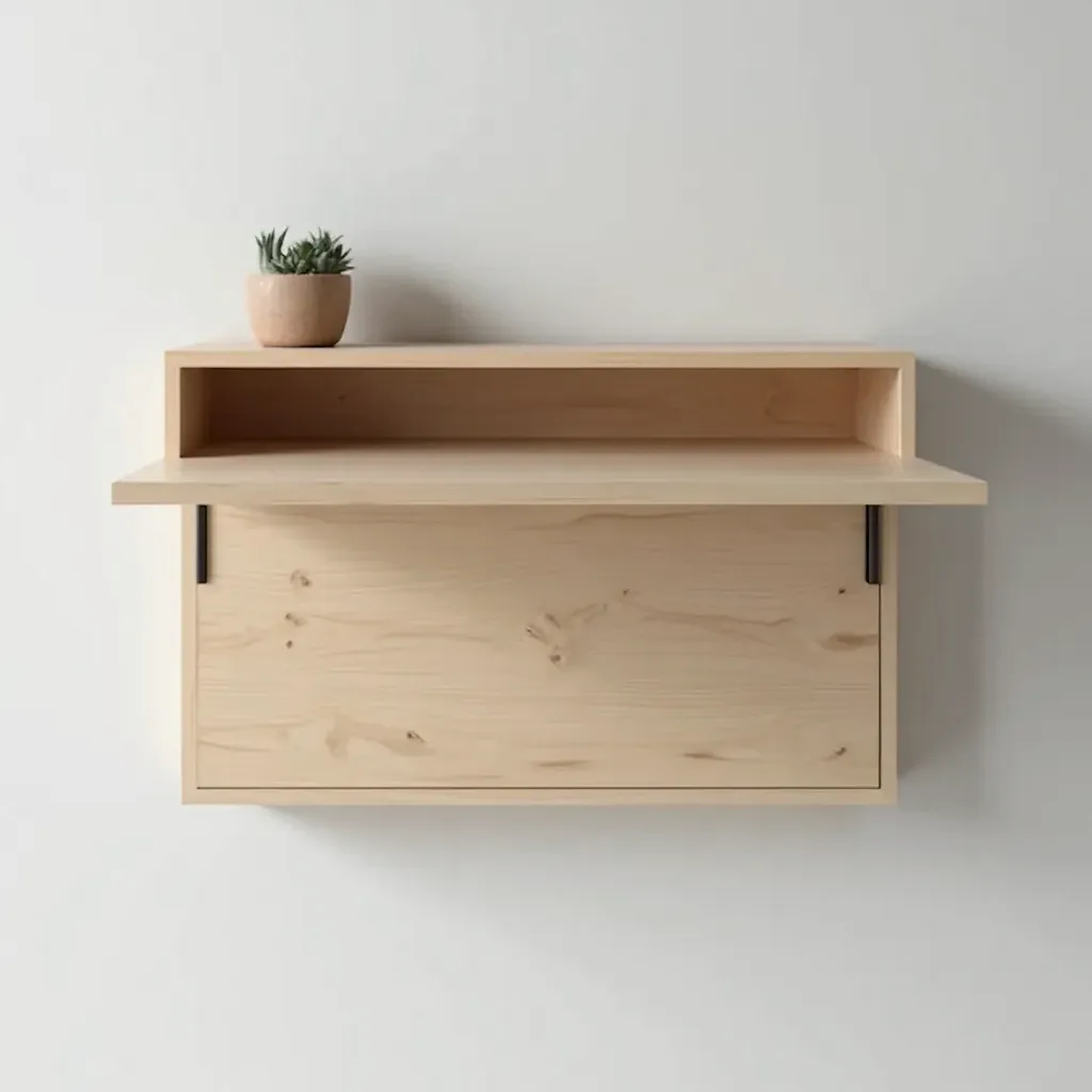 Wall-mounted birch desk in open position showing work surface and integrated storage cubbies, light grey wall background